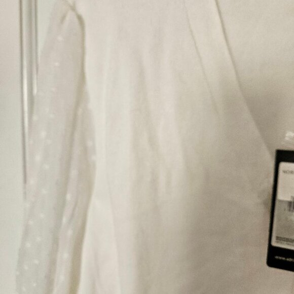 Adrianna Pappell cardigan, white sheer w/ pleated, polka dotted V-neck sleeves. - Picture 3 of 8